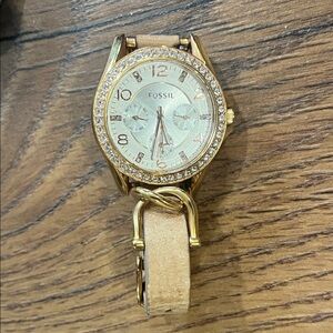 Fossil Gold-Tone Watch with Cream Leather Strap and Crystal Bezel